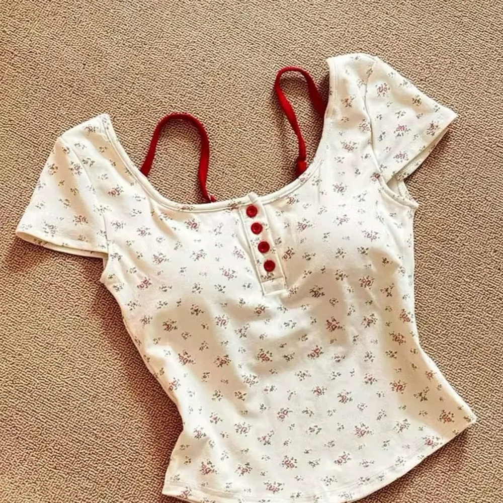 Built in Bra Floral Print White Top with Red Accents
Brand NEW
